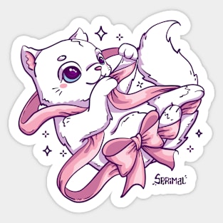 Cute Cat playing with festive ribbon bow Sticker